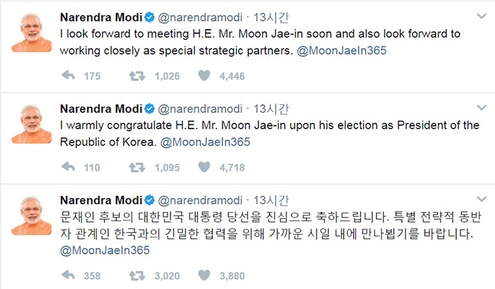 Indian Prime Minister Narendra Modi posted his congratulatory messages in English and in Korean on Twitter on May 10. (Captured from Indian Prime Minister Narendra Modi’s Twitter feed)